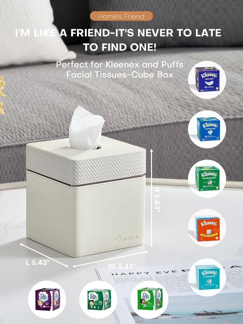 cloudever Tissue Box Holder Cover, Modern PU Leather Square Decorative Tissue Holder Organizer-Woven New Off White - Image 3